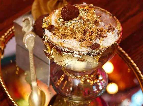 decadent ice cream sundae with edible gold leaf available from Create Distribution