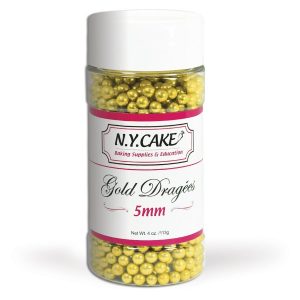 5mm gold dragee. Use with cupcakes, cakes and adorn chocolate. purchase at Create Distribution
