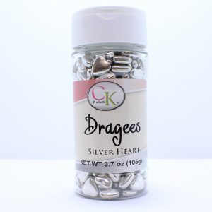 silver dragee hearts for cakes, cupcakes, brownies and show cakes
