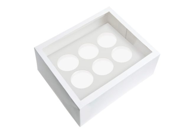 6 Hole White Cupcake Boxes With Clear Window And Inserts - Choose Pack Of 5, 10, 25, 50, Or 100