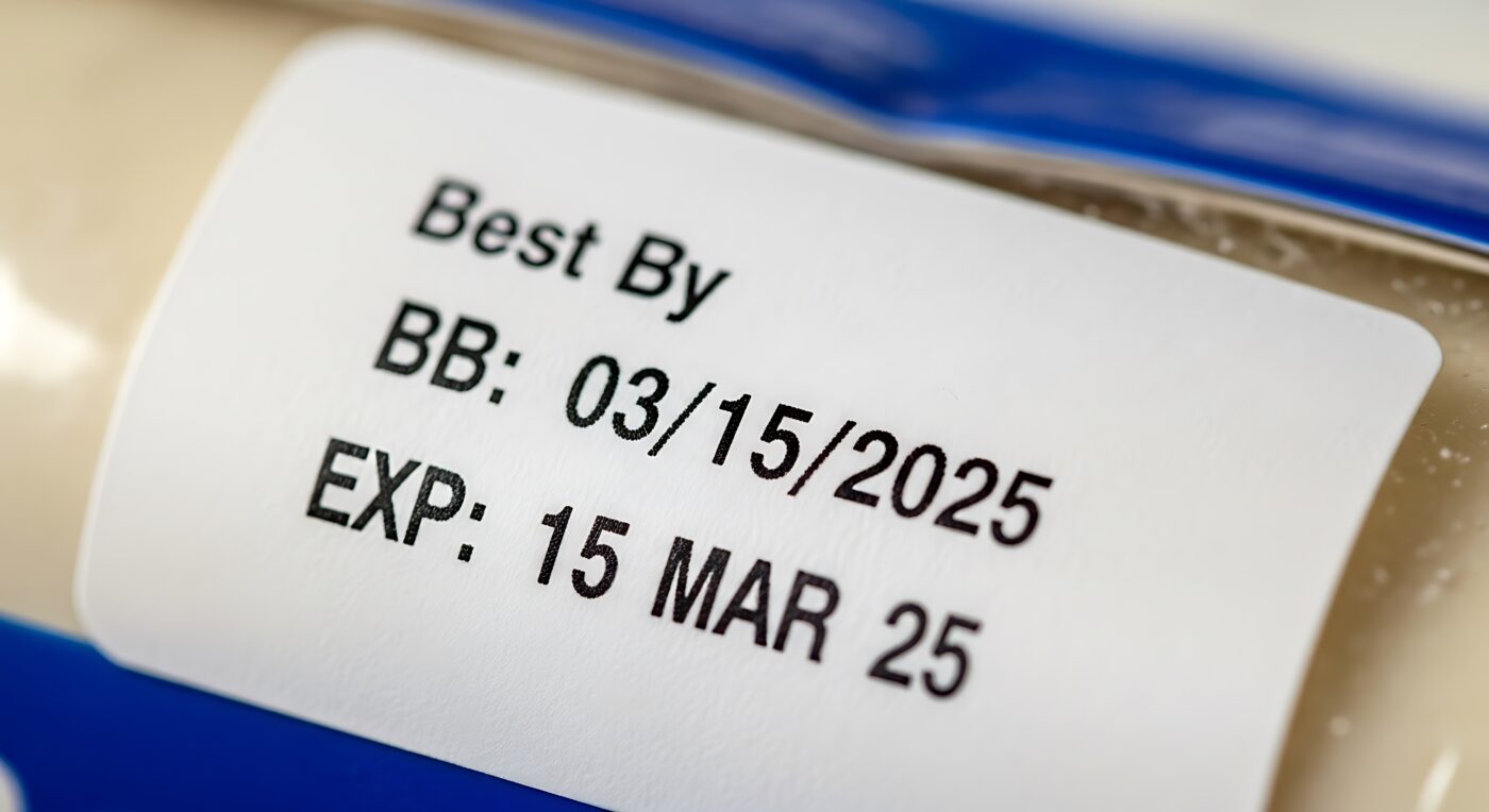 Expiry date label on a bottle
