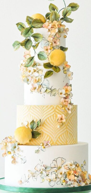 Headline Image Yellow and white wedding cake with lemon sugar flower and ornaments (from Satin Ice pinterest)